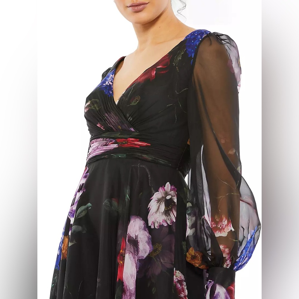 Mac Duggal Long Sleeve Floral Chiffon Gown, NWT, Current 2025 Season, Saks $600 - Picture 2 of 5